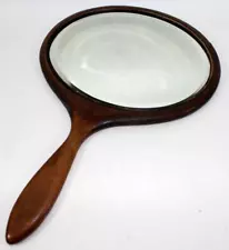 Large Antique Wooden Handheld Beveled Edge Oval Mirror