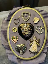 Heart Pins Lot of 9 Some Signed Victorian Mourning Brooch + 5" fern Flexi-hoop