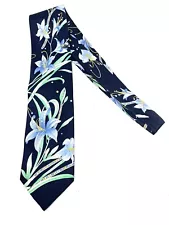 Leonard Paris Black Ground Dessin. 71352 Green Blue Orchid Floral Silk Tie Italy