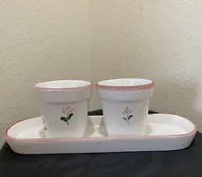 White Ceramic Planter Pots On Tray Set Of 3 Pink Garland Trim Floral Window 3.5”