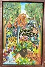 Haitian Jungle Oil Painting Y. Joseph Caribbean Folk Art 23”x15” Framed Bright