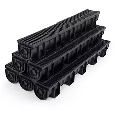 Trench Drain System, Channel Drain with Plastic Grate, 5.9x5.1-Inch-6 Pack