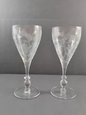 2 Ambassador Sears Water Goblets Etched Gray Cut Floral Ball Stem Optic 7 3/4"