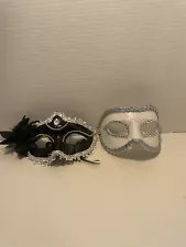 Masquerade Mardi Gras Masks Black And White LOT of 2 Plastic Couple Costume