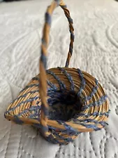 1 Small Vtg. Handmade Pine Needle w/Blue Straw Basket: 4 3/8"H x3 3/4"Lx3 1/2" W