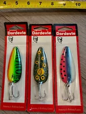 Lot of 3 New Dardevle 3/4 oz Dardevlet Daredevil Lures Firetiger Frog Rainbow