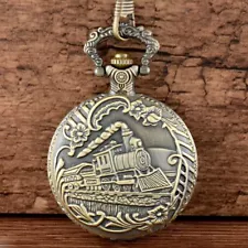 Vintage Bronze Pocket Watch Quartz Movement Antique Train Theme Pendant Necklace