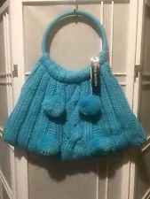 Steve Madden Knitted Wool Shoulder Bag Robin Egg Blue Pompons Accents