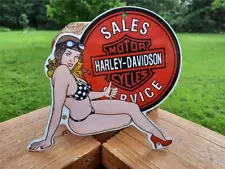 PORCELAIN HARLEY DAVIDSON SALES SERVICE PINUP GIRL DEALER SIGN DOOR PUSH PLATE