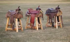 (3) Authentic Western Horse Saddle Bar Stools Barstools Decor Counter Rustic Log