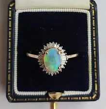 A Stunning Opal & Diamond Ring In 9ct Yellow Gold