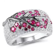 Luxurious Silver Band Ring Plum Tree Branch Red and Blue Engagement For Women's