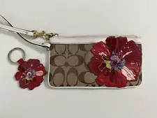 COACH Signature Poppy Flower Applique Wristlet Wallet Bag and Keychain