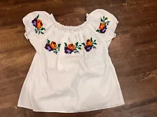 Mexican Hand Embroidered Peasant Top Off White XL 100% Natural Cotton-Gorgeous