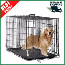 48" Dog Crate Kennel Folding Metal Pet Cage 2 Door With Tray Pan Black