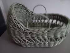 Vintage Wicker Baby Doll Bassinet Moses Basket With Handles Sage Green (Pa)