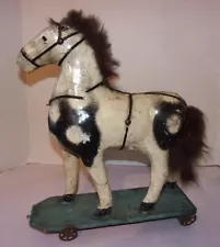 Vintage Paper Mache Pull Toy Horse 14" Tall