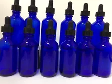 12 -- 2oz Blue Glass Bottles with Glass Eye Dropper Dispenser for Essential Oils