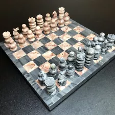 HAND CARVED AZTEC MEXICAN PINK & GRAY ONYX MARBLE CHESS SET W/7.75” BOARD