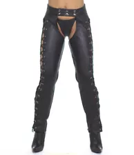 Women's Real Leather Chaps Laces Up Black Leather Chaps Ladies Laces Up Chaps