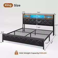 Queen/King Size Bed Frame with LED Headboard & Hidden Storage Metal Platform Bed