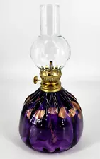 Vintage hand-blown ART GLASS HURRICANE OIL LAMP purple gold Unsigned