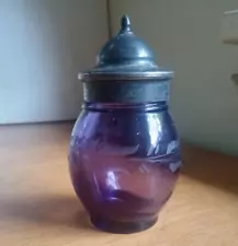 1880s AMETHYST HAND BLOWN GLASS CONDIMENT TABLE CASTER BOTTLE WITH HINGED LID