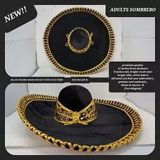 BLACK with gold trim adults sombrero charro mariachi hat for fiestas