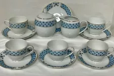 New ListingVintage 13 Pc Tea Set Made in China Blue Floral Checkerboard Silver Trim