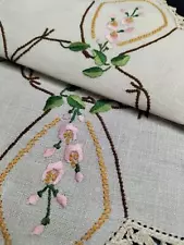 Stunning Pink Wisteria Flowers & Vine Vintage Hand Embroidered Centrepiece