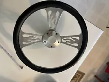 14" Billet Flame Steering Wheel with Black Vinyl Wrap and Horn Button preowned