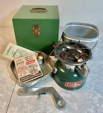 Vtg COLEMAN 502 Sportster Single Burner Camp Stove Oct 1965 wood box & cook kit