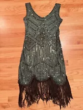 Great Gatsby Style Flapper 20s Green And Black Beaded Dress Size Large