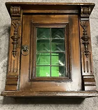 Antique Wood Medicine Cabinet With Green Stained Glass