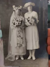 Postcard Vtg PHOTO FLAPPER Wedding Bride 1920's Bridesmaid Dress Veil