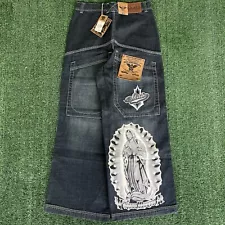 VTG Cyber Y2K Skato Mother Mary Wide-Leg Blue Jeans 31x30" 25" Opens JNCO Style