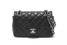 USED Chanel Black Quilted Caviar Leather Classic Mini Rectangle Flap Crossbody B