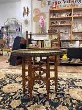 Vintage Chinese Brass Circular Tray Table Wood Folding Retro Living Room Decor