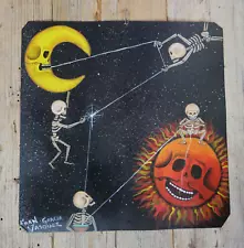 Skeletons Sun Moon Original Tin Painting Day of the Dead Oaxaca Mexican Folk Art