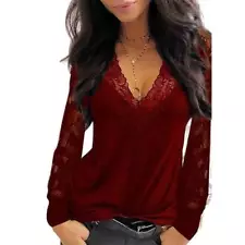 Women's Lace V-Neck T Shirt Loose Casual Blouse Long Sleeve Summer Tops For Sale