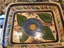 Vintage MEXICAN TLAQUEPAQUE Pottery Rectangle Clay Dish Folk Art Blue Flower