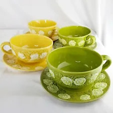 VTG 1970s 8 Pc Set Jumbo Teacups w/ Saucers Yellow Green White Rose Design Japan