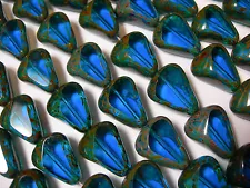 12 Czech Glass Capri Blue Window Cut Travertine Teardrop Beads 15x12mm