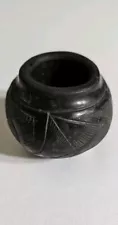 Vintage Black Oaxaca Pottery Vase 1978 Round Carved Design Small Mexico