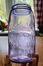 AMETHYST MASON'S PATENT 1858 QUART FRUIT JAR/LID