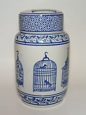 9-1/2" Birdcage Blue & White Ceramic Ginger Jar - Canister with Lid Blue Birds