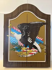 Vintage Wooden Dart Board Cabinet American Eagle & USA Flag Arrows Made In USA