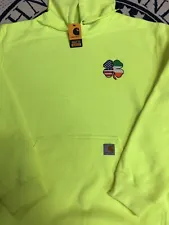 New Carhartt Hoodie w/ Embroidery Shamrock Irish/American flag Safety Yellow Lg