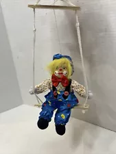 Vintage Clown Doll On A Swing Porcelain Face, Yellow Hair, Bright, Happy