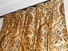 Designer drapes printed silk fabric floral medallions GOLD green custom new PAIR